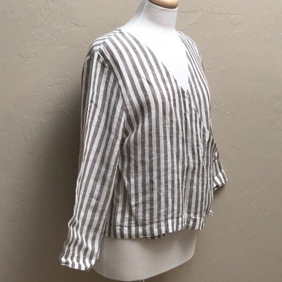 Linenfox Georgia Linen Wrap Tie Top in Cacao Stripe, XS - Picture 5 of 12